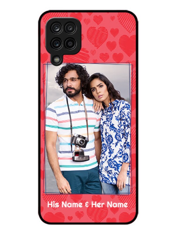 Custom Galaxy F12 Photo Printing on Glass Case - with Red Heart Symbols Design
