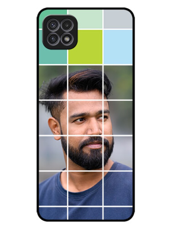 Custom Galaxy F42 5G Photo Printing on Glass Case  - with white box pattern 