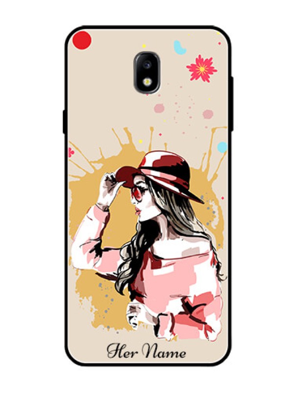 Custom Galaxy J7 Pro Photo Printing on Glass Case - Women with pink hat Design