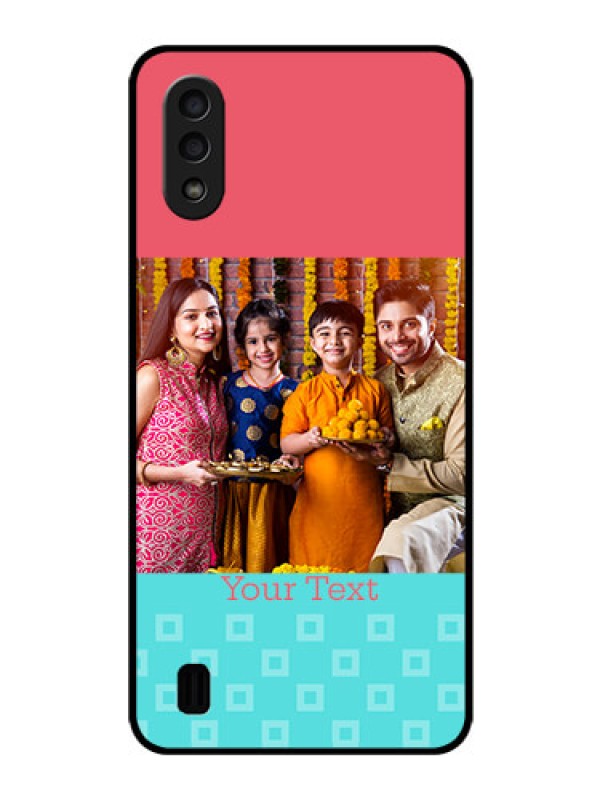 Custom Galaxy M01 Personalized Glass Phone Case - Peach & Blue Color Design
