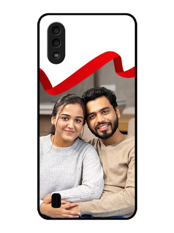 Custom Galaxy M01 Photo Printing on Glass Case - Red Ribbon Frame Design
