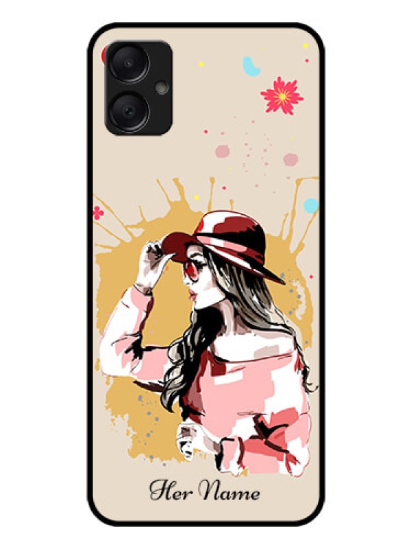 Custom Galaxy M05 Custom Glass Phone Case - Women With Pink Hat Design
