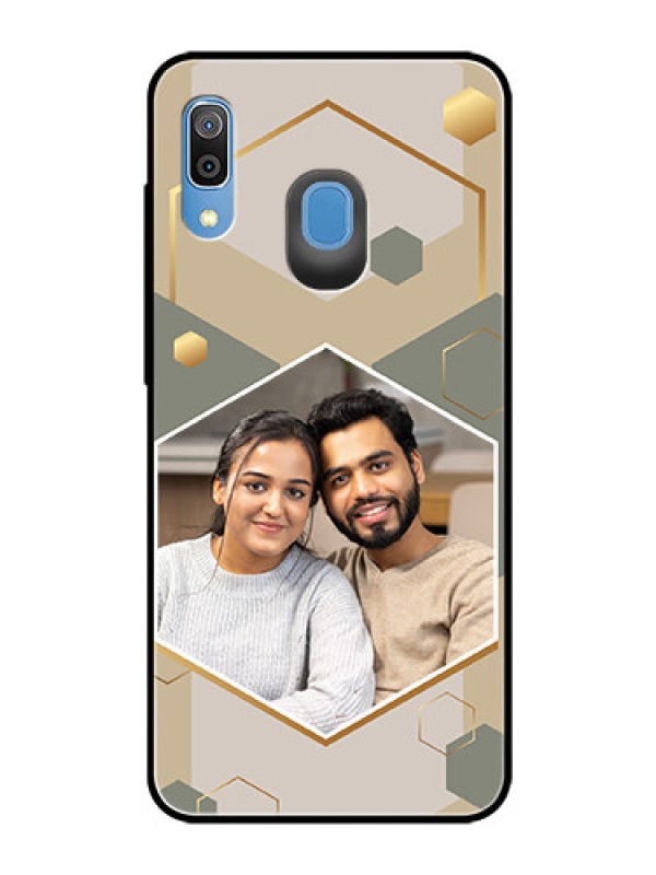 Custom Galaxy M10s Photo Printing on Glass Case - Stylish Hexagon Pattern Design