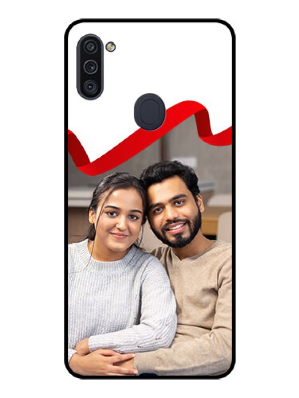 Custom Galaxy M11 Photo Printing on Glass Case - Red Ribbon Frame Design