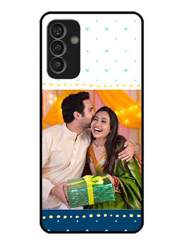 Custom Galaxy M13 4G Personalized Glass Phone Case - White and Blue Abstract Design