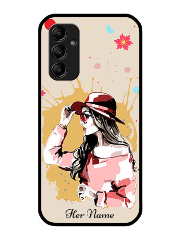 Custom Galaxy M14 5G Photo Printing on Glass Case - Women with pink hat Design