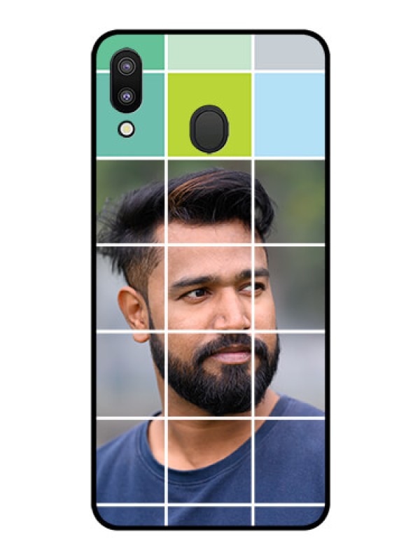 Custom Galaxy M20 Photo Printing on Glass Case - with white box pattern 