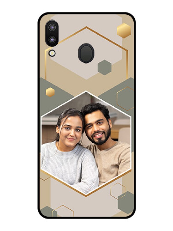 Custom Galaxy M20 Photo Printing on Glass Case - Stylish Hexagon Pattern Design