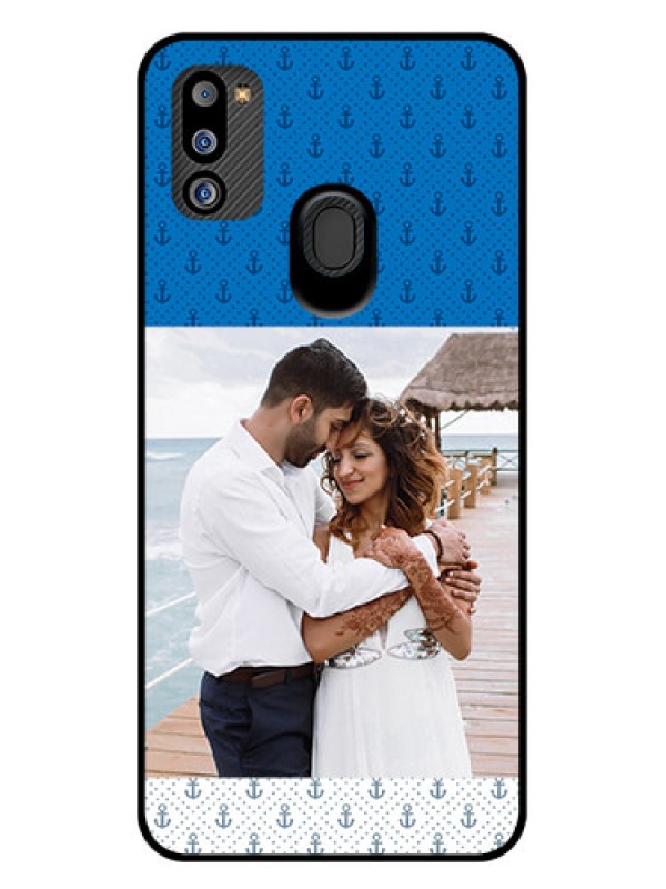 Custom Galaxy M21 2021 Edition Photo Printing on Glass Case - Blue Anchors Design