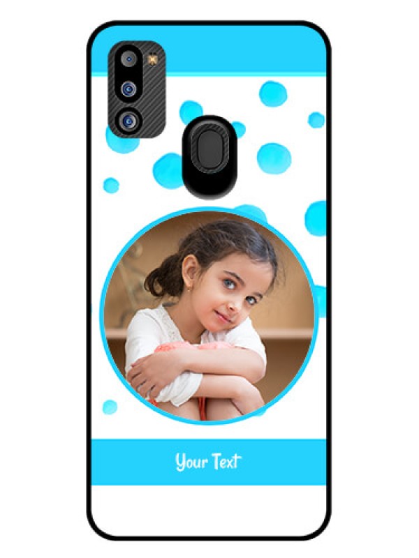 Custom Galaxy M21 2021 Edition Photo Printing on Glass Case - Blue Bubbles Pattern Design