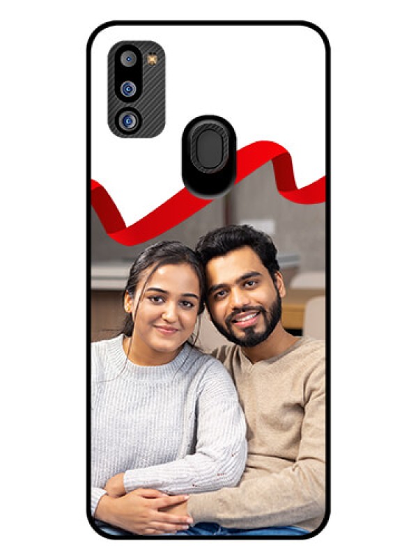 Custom Galaxy M21 2021 Edition Photo Printing on Glass Case - Red Ribbon Frame Design