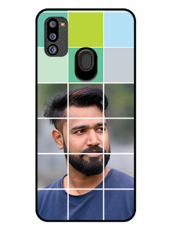 Custom Galaxy M21 2021 Edition Photo Printing on Glass Case - with white box pattern 