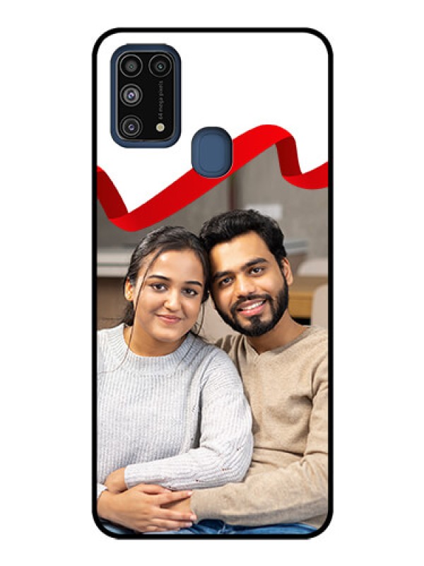 Custom Galaxy M31 Photo Printing on Glass Case  - Red Ribbon Frame Design