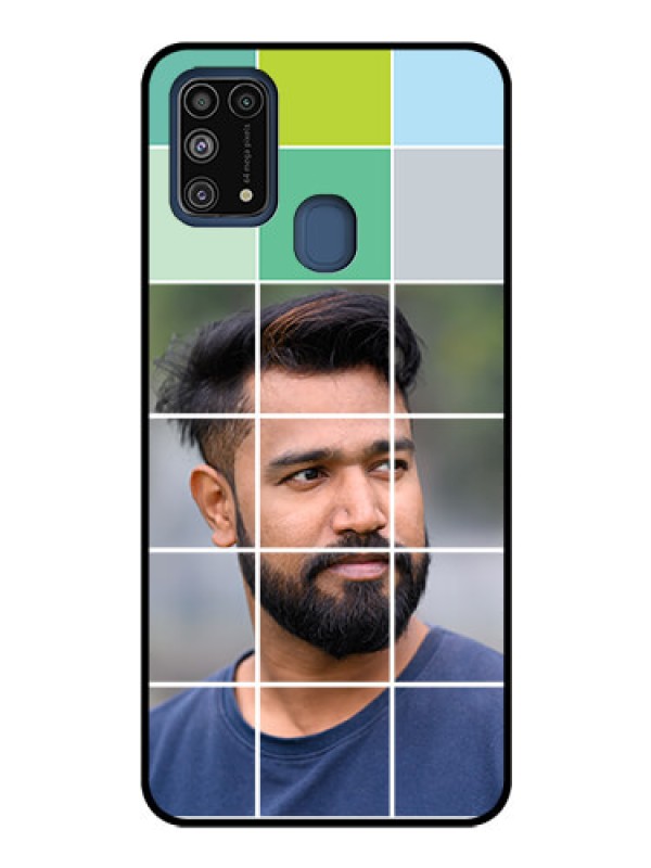 Custom Galaxy M31 Photo Printing on Glass Case  - with white box pattern 