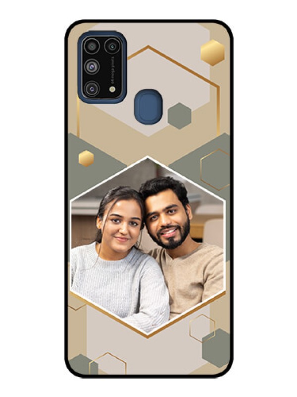 Custom Galaxy M31 Photo Printing on Glass Case - Stylish Hexagon Pattern Design