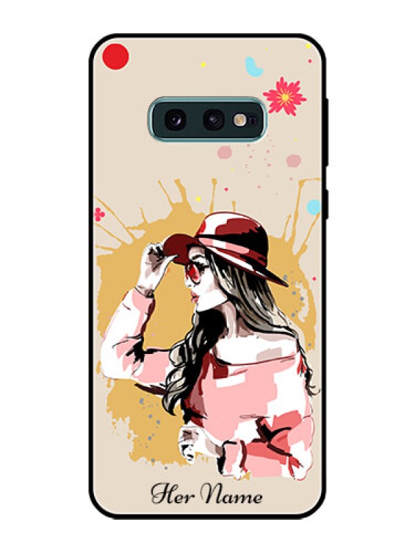Custom Galaxy S10e Photo Printing on Glass Case - Women with pink hat Design