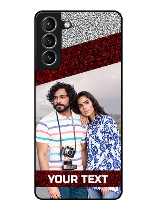 Custom Galaxy s21 Plus Personalized Glass Phone Case  - Image Holder with Glitter Strip Design