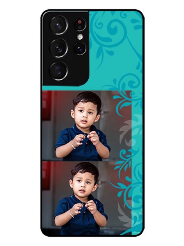 Custom Galaxy S21 Ultra Personalized Glass Phone Case  - with Photo and Green Floral Design 