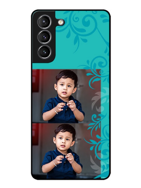 Custom Galaxy S21 Personalized Glass Phone Case  - with Photo and Green Floral Design 