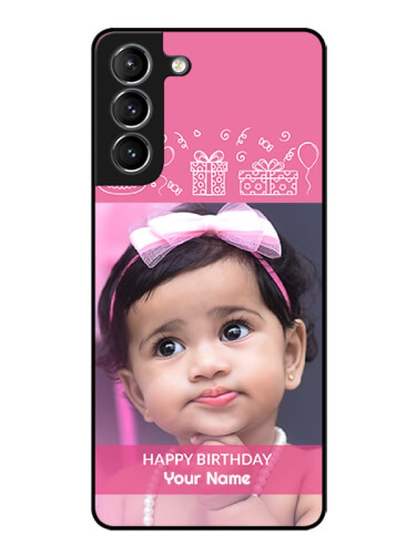 Custom Galaxy S21 Photo Printing on Glass Case  - with Birthday Line Art Design