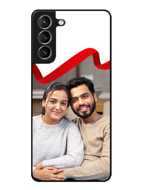 Custom Galaxy S21 Photo Printing on Glass Case  - Red Ribbon Frame Design