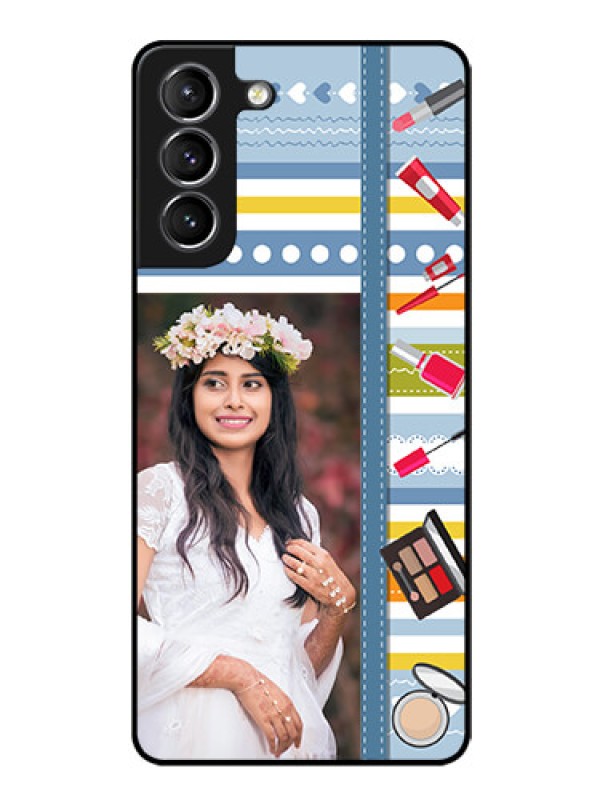 Custom Galaxy S21 Personalized Glass Phone Case  - Makeup Icons Design