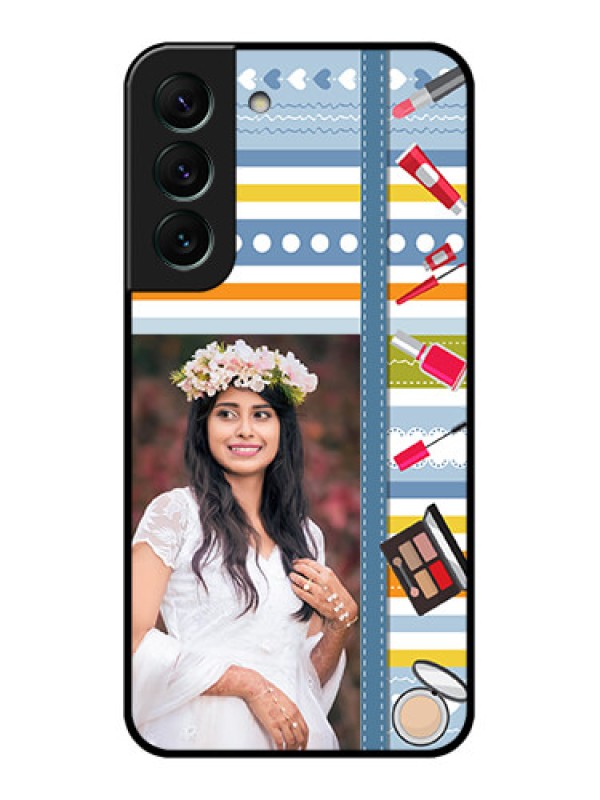 Custom Galaxy S22 5G Personalized Glass Phone Case - Makeup Icons Design