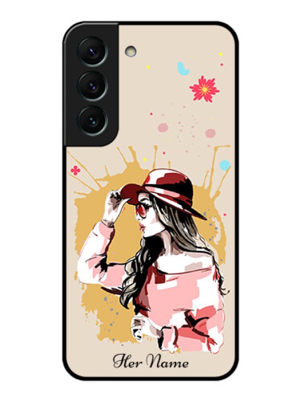 Custom Galaxy S22 5G Photo Printing on Glass Case - Women with pink hat Design