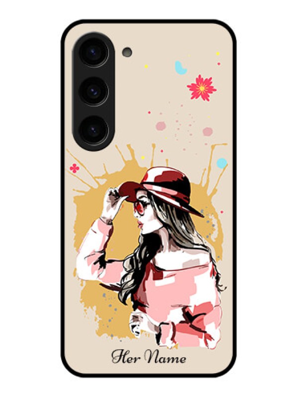 Custom Galaxy S23 5G Photo Printing on Glass Case - Women with pink hat Design