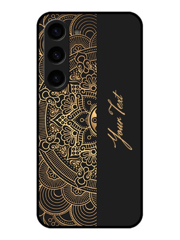 Custom Galaxy S23 5G Photo Printing on Glass Case - Mandala art with custom text Design