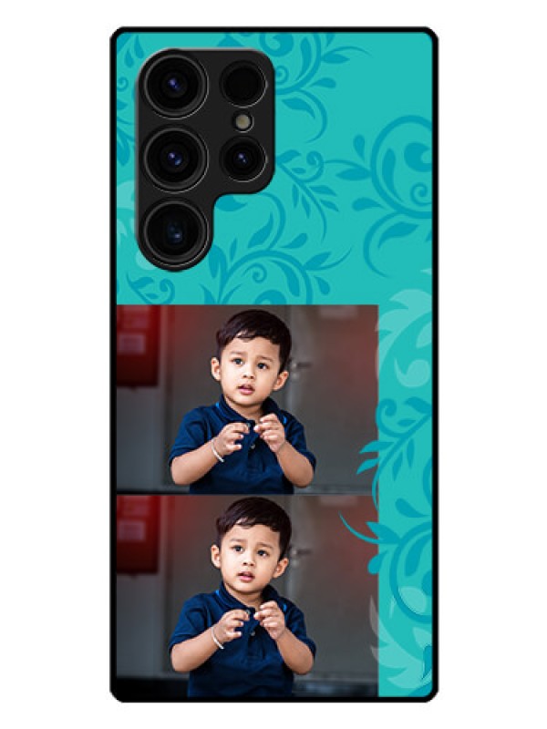 Custom Galaxy S23 Ultra 5G Personalized Glass Phone Case - with Photo and Green Floral Design
