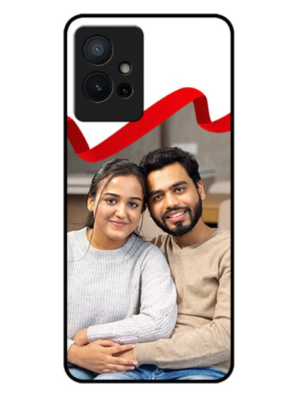 Custom Vivo T1 5G Photo Printing on Glass Case - Red Ribbon Frame Design