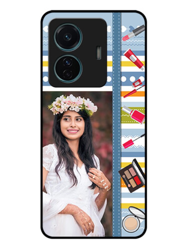 Custom Vivo T1 Pro 5G Personalized Glass Phone Case - Makeup Icons Design