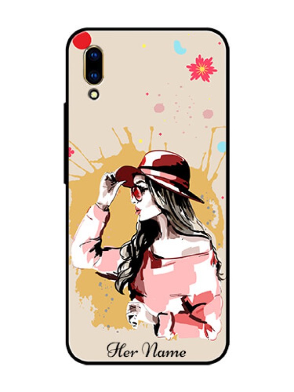 Custom Vivo V11 Pro Photo Printing on Glass Case - Women with pink hat Design