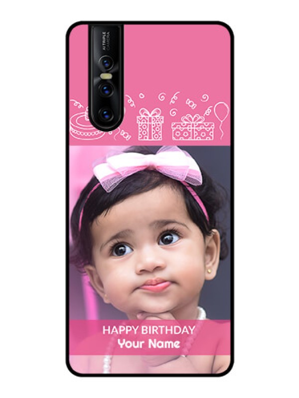 Custom Vivo V15 Pro Photo Printing on Glass Case  - with Birthday Line Art Design