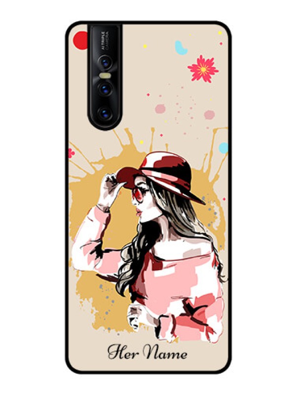 Custom Vivo V15 Pro Photo Printing on Glass Case - Women with pink hat Design