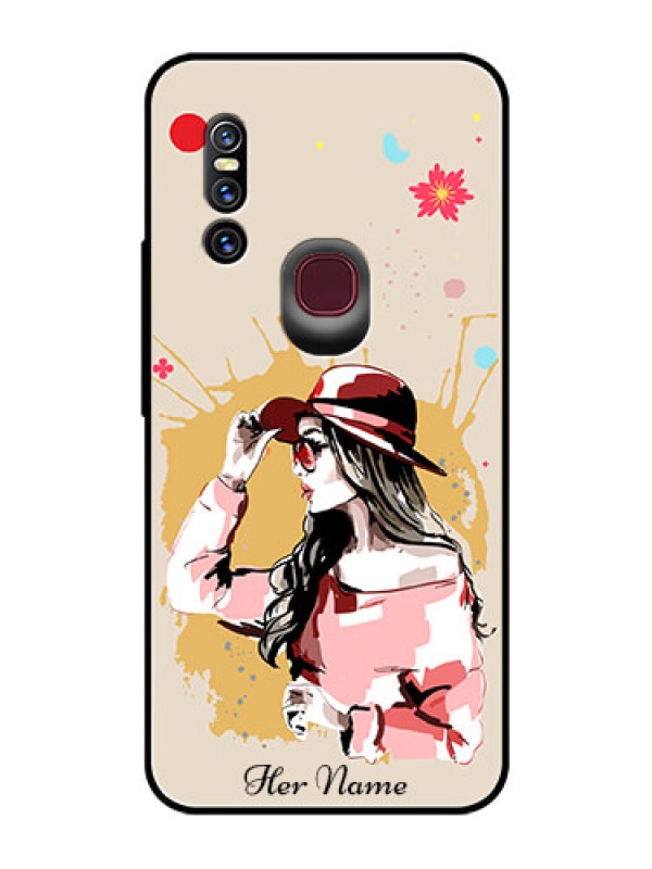 Custom Vivo V15 Photo Printing on Glass Case - Women with pink hat Design