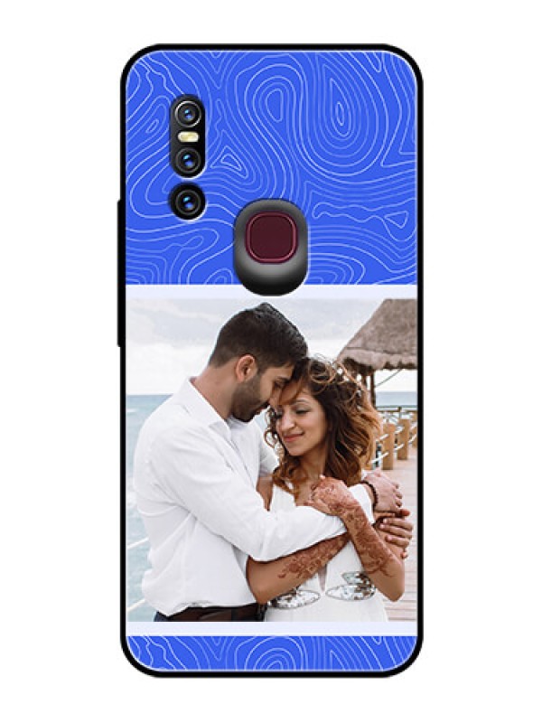 Custom Vivo V15 Custom Glass Mobile Case - Curved line art with blue and white Design
