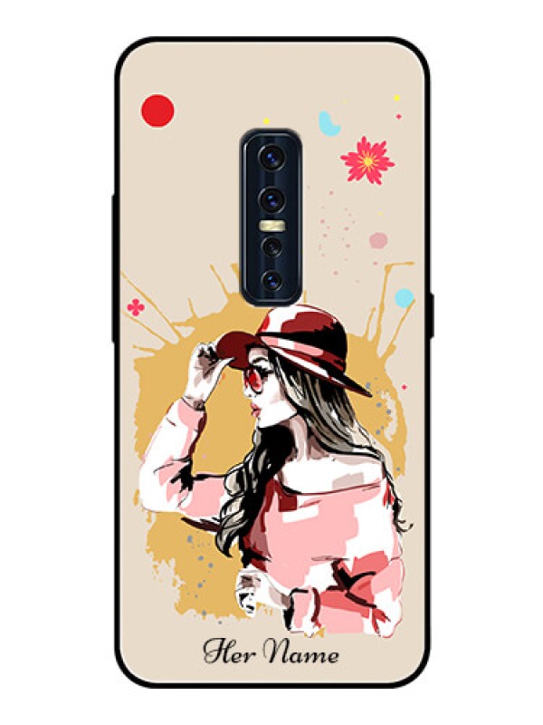 Custom Vivo V17 Pro Photo Printing on Glass Case - Women with pink hat Design