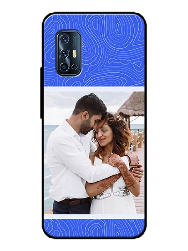 Custom Vivo V17 Custom Glass Mobile Case - Curved line art with blue and white Design