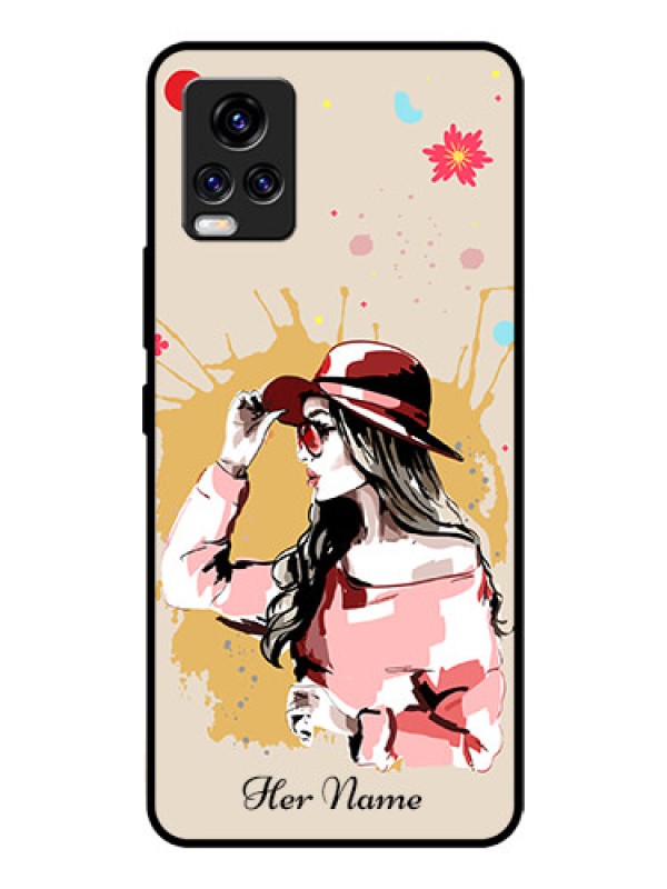 Custom Vivo V20 Pro Photo Printing on Glass Case - Women with pink hat Design
