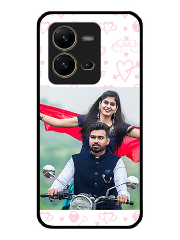 Custom Vivo V25 5G Custom Glass Mobile Case - Pink Flying Heart Design
