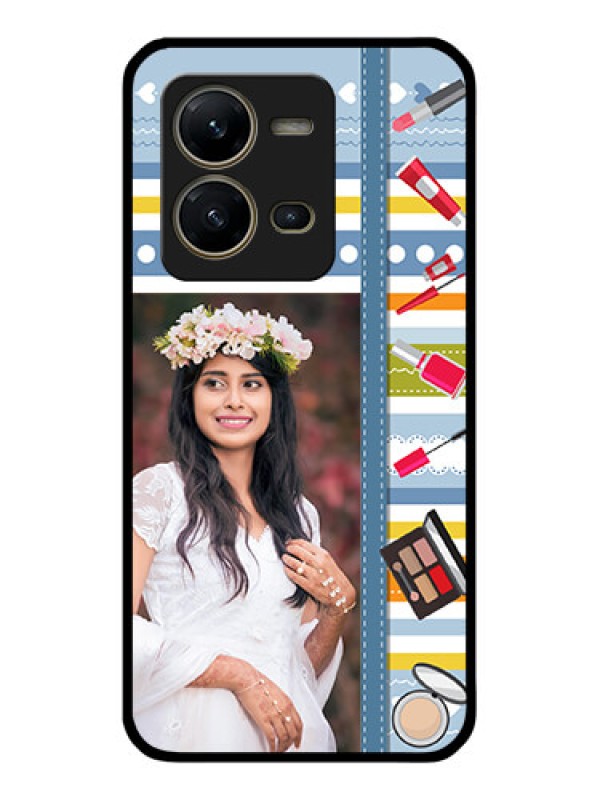 Custom Vivo V25 5G Personalized Glass Phone Case - Makeup Icons Design