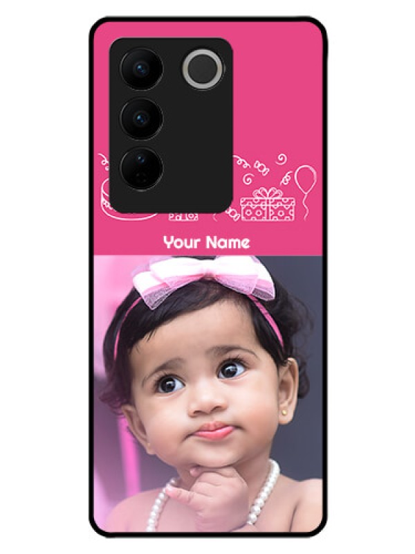 Custom Vivo V27 Pro 5G Photo Printing on Glass Case - with Birthday Line Art Design
