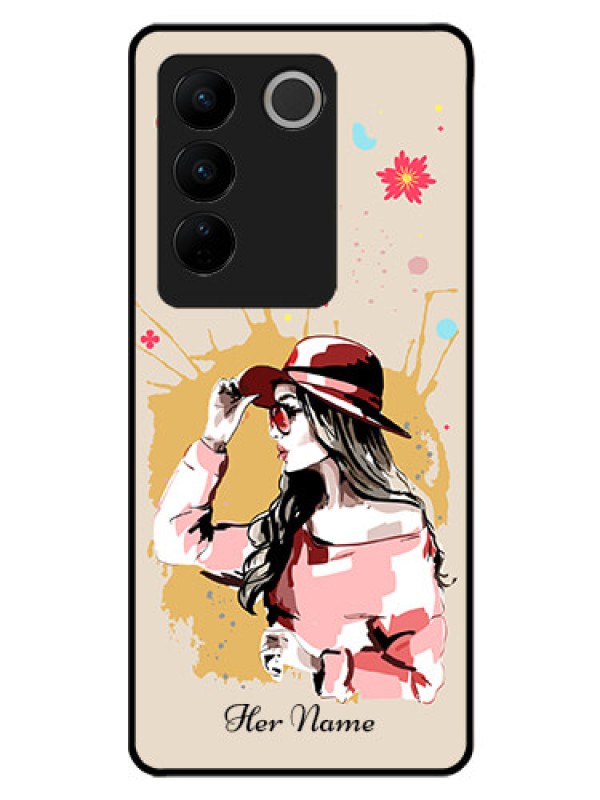 Custom Vivo V27 Pro Photo Printing on Glass Case - Women with pink hat Design