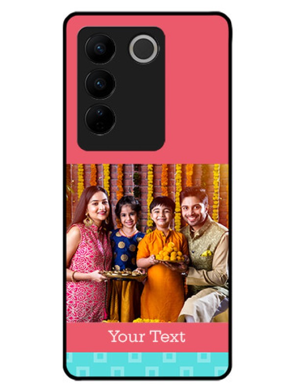 Custom Vivo V27 5G Personalized Glass Phone Case - Peach & Blue Color Design