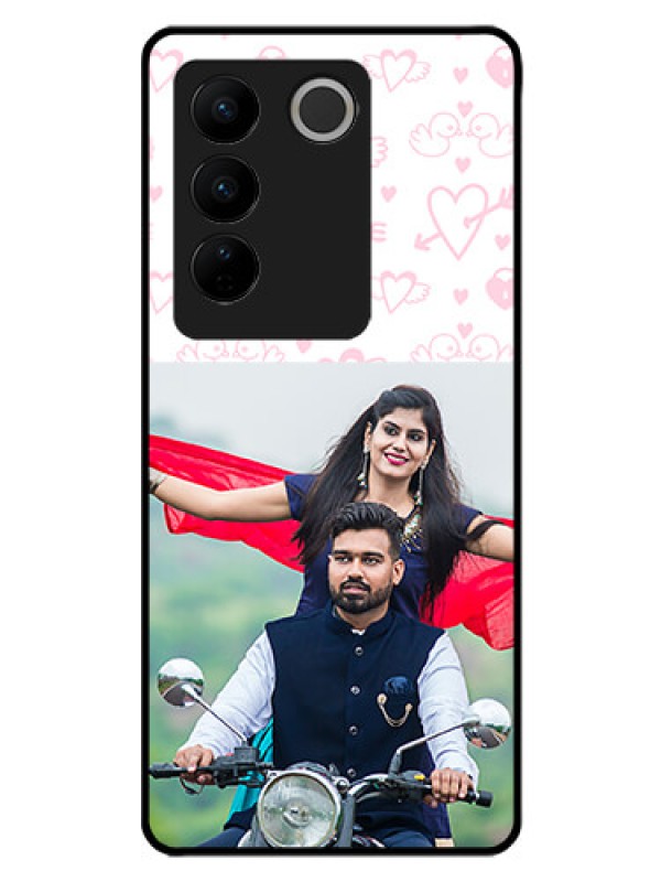 Custom Vivo V27 5G Custom Glass Mobile Case - Pink Flying Heart Design