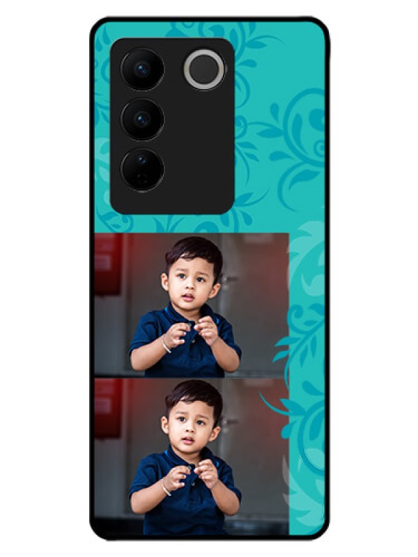 Custom Vivo V27 5G Personalized Glass Phone Case - with Photo and Green Floral Design