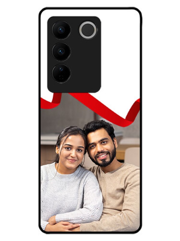 Custom Vivo V27 5G Photo Printing on Glass Case - Red Ribbon Frame Design