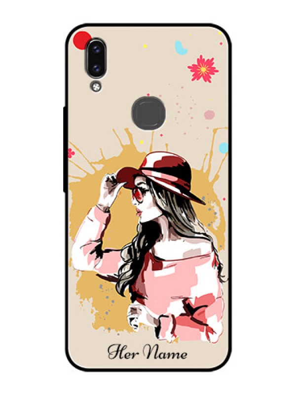 Custom Vivo V9 Pro Photo Printing on Glass Case - Women with pink hat Design